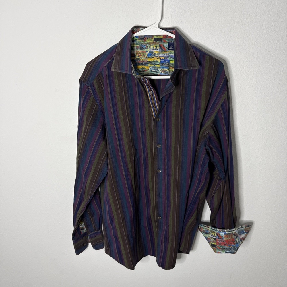 Robert Graham Shirt Mens L Long Sleeve Button Up Striped Flip Cuff Cars